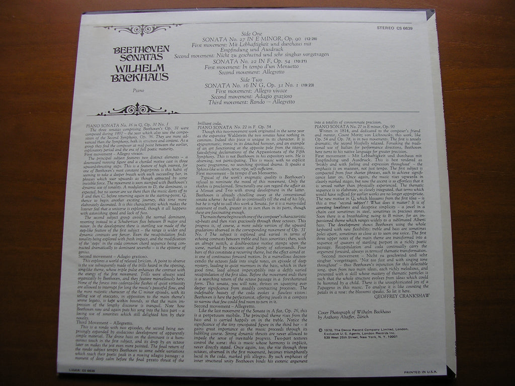 BEETHOVEN: PIANO SONATAS Nos. 16 / 22 / 27       BACKHAUS         CS 6639