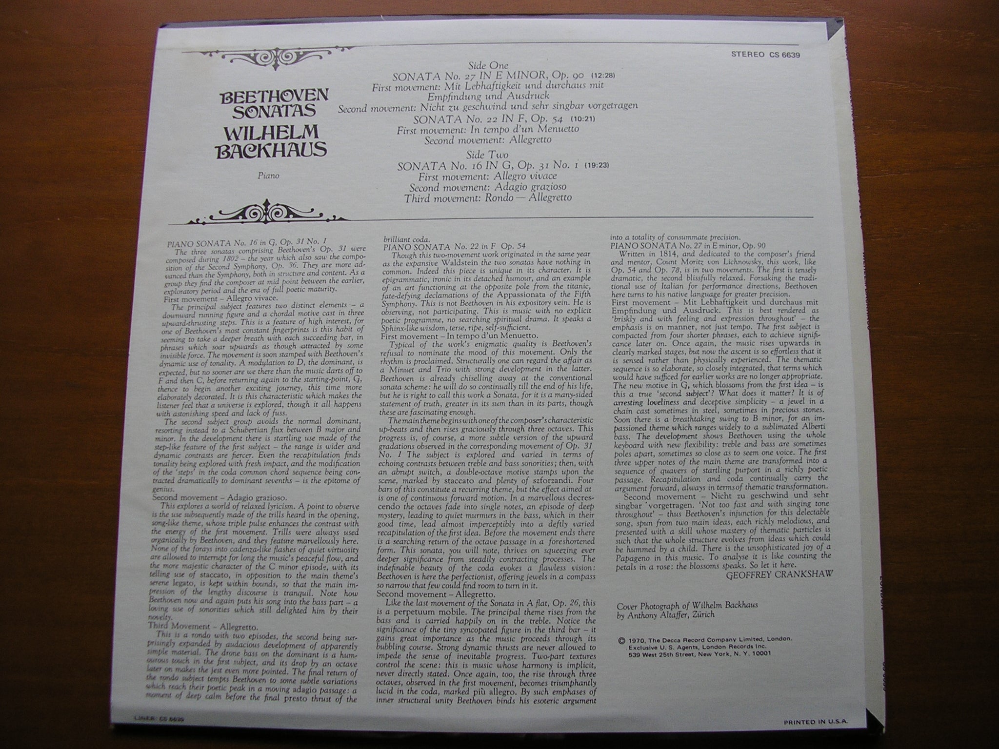 BEETHOVEN: PIANO SONATAS Nos. 16 / 22 / 27       BACKHAUS         CS 6639