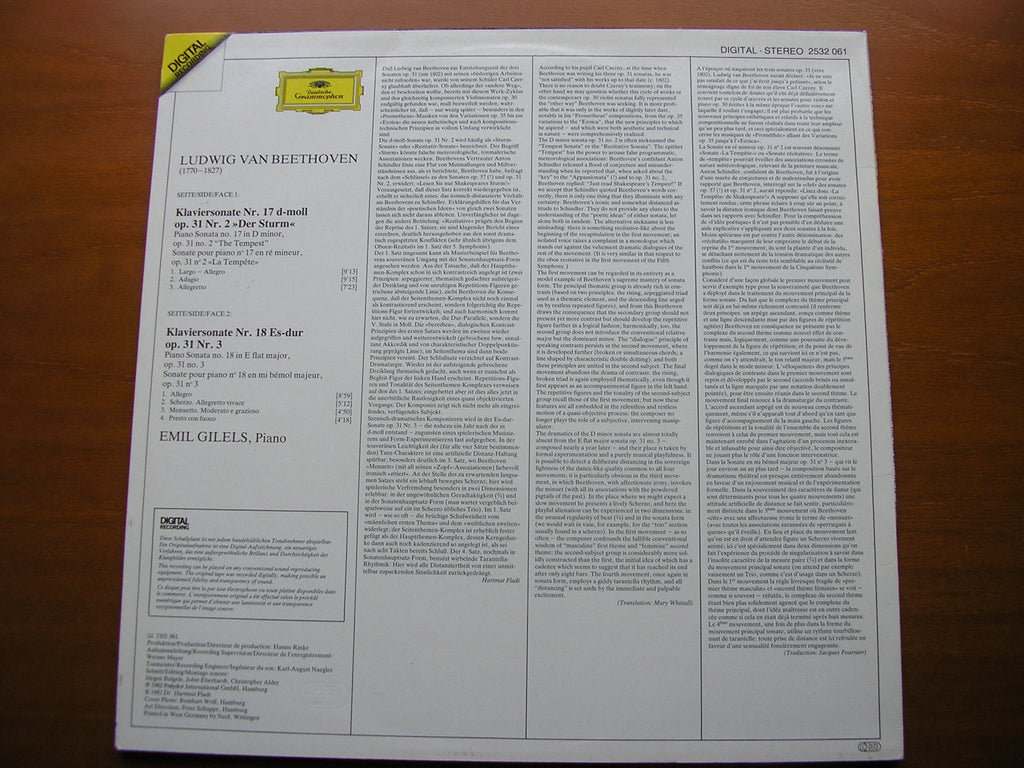 BEETHOVEN: PIANO SONATAS No. 17 'Tempest' / No. 18     EMIL GILELS     2532 061