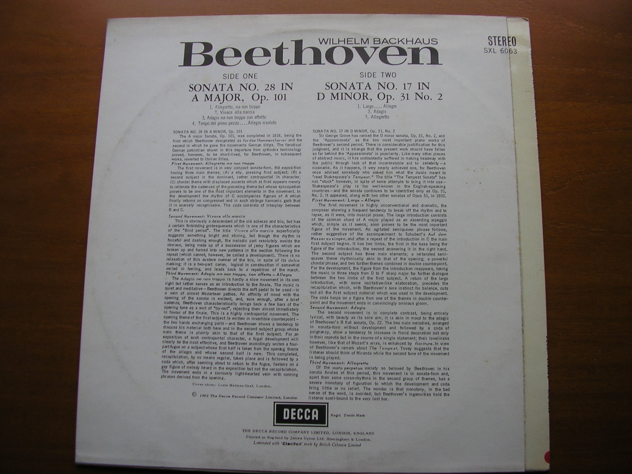 SXL 6063 BEETHOVEN: PIANO SONATAS No. 17 'Tempest' / No. 28 WILHELM BACKHAUS