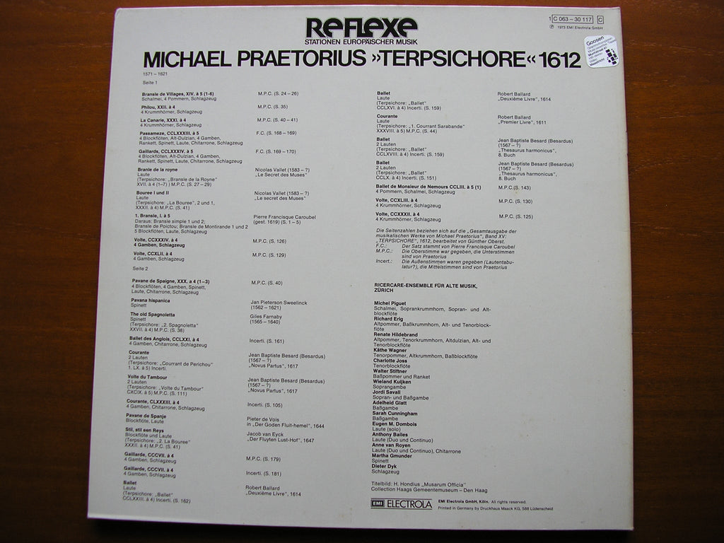 PRAETORIUS: DANCES FROM TERPSICHORE 1612     RICERCARE ENSEMBLE ZURICH    063 30 117