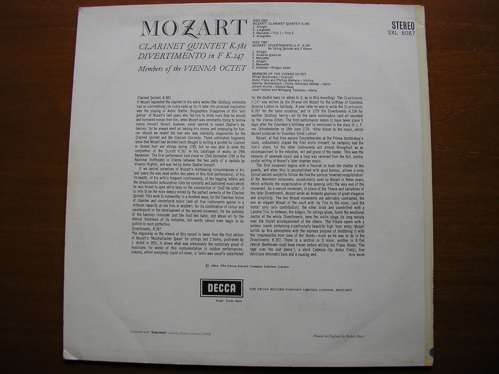 SXL 6087 MOZART: CLARINET QUINTET K581 / DIVERTIMENTO K247 ALFRED BOSKOVSKY / VIENNA OCTET