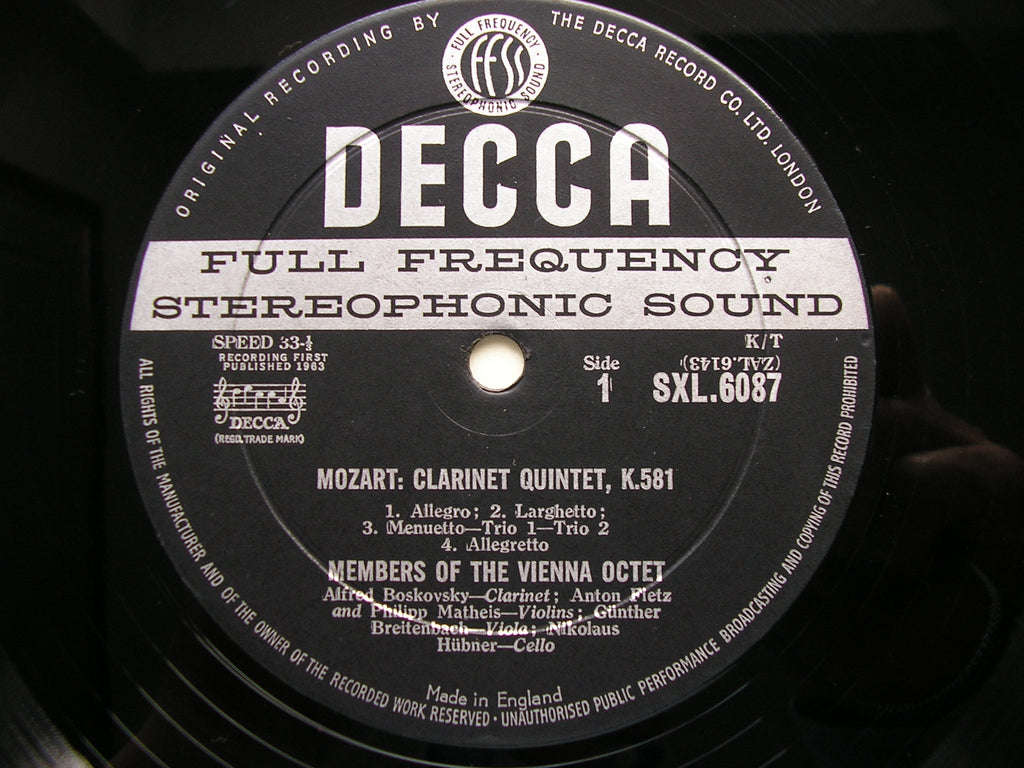 SXL 6087 MOZART: CLARINET QUINTET K581 / DIVERTIMENTO K247 ALFRED BOSKOVSKY / VIENNA OCTET