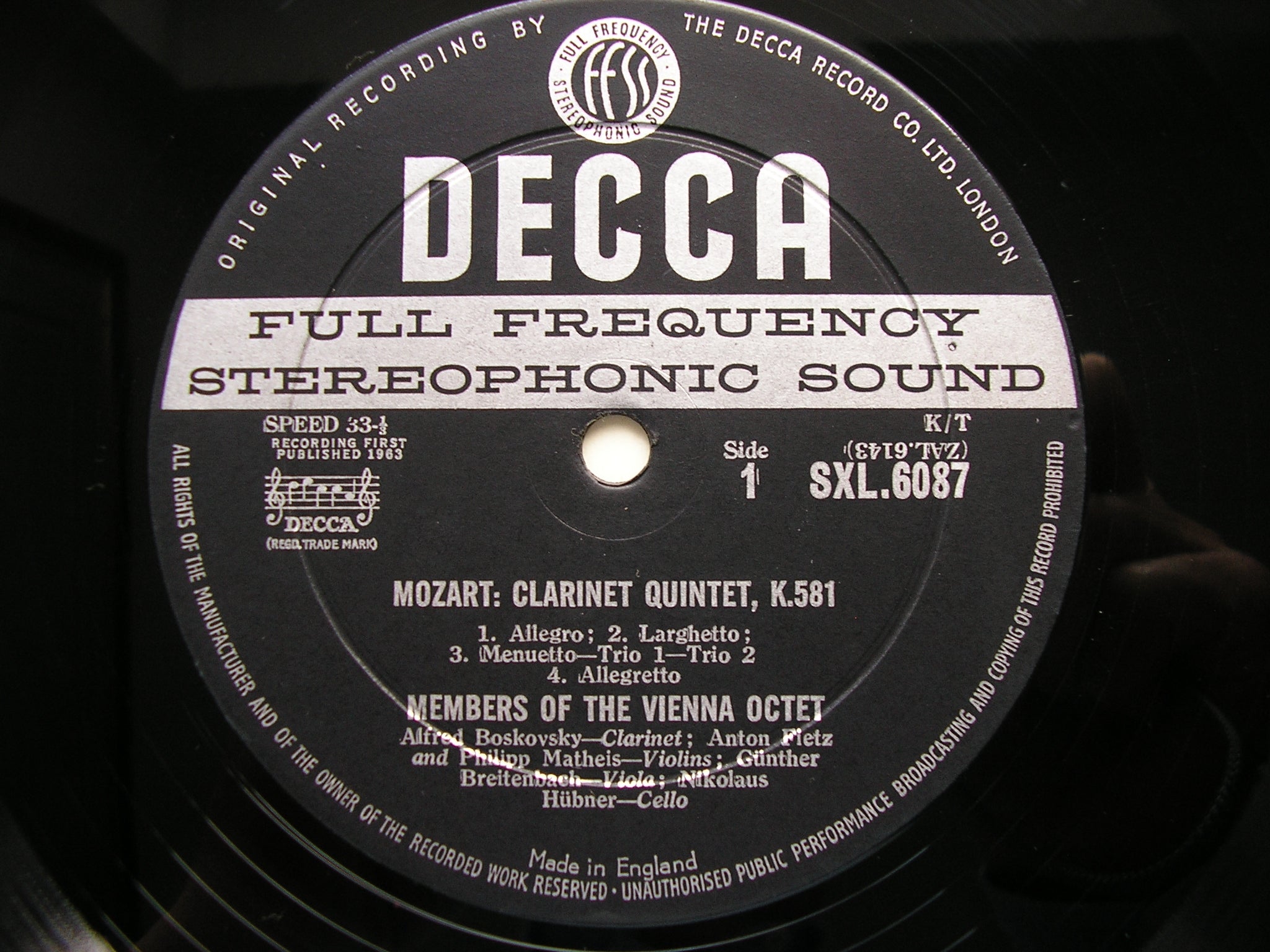 SXL 6087 MOZART: CLARINET QUINTET K581 / DIVERTIMENTO K247 ALFRED BOSKOVSKY / VIENNA OCTET