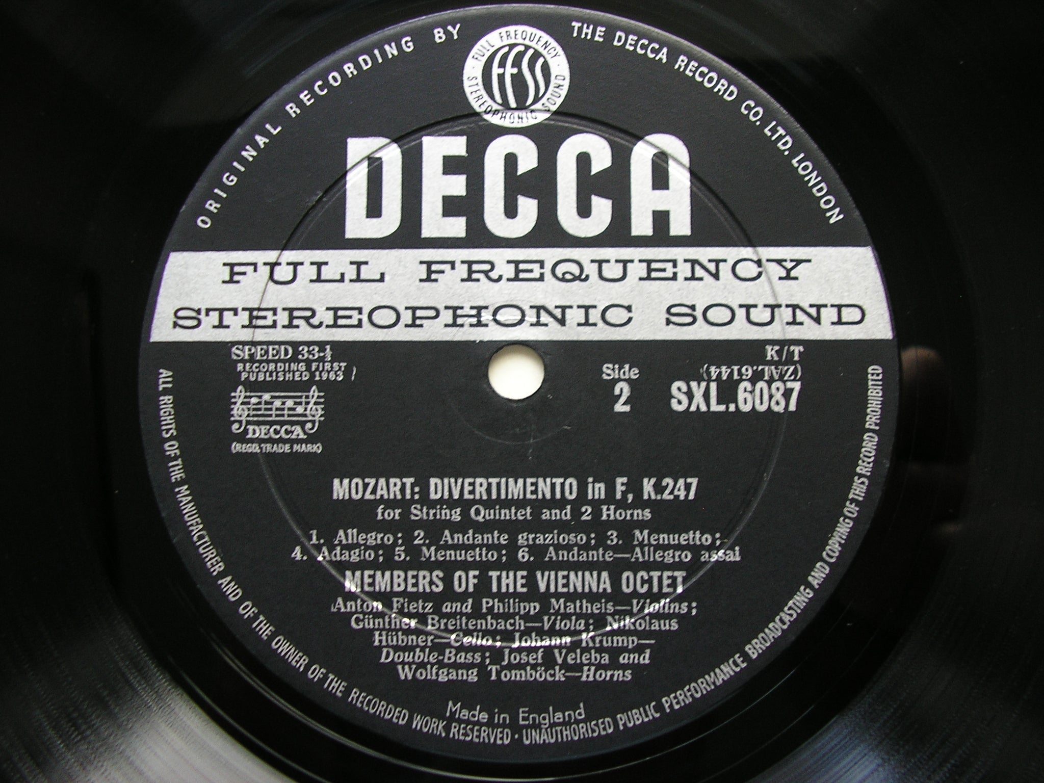 SXL 6087 MOZART: CLARINET QUINTET K581 / DIVERTIMENTO K247 ALFRED BOSKOVSKY / VIENNA OCTET
