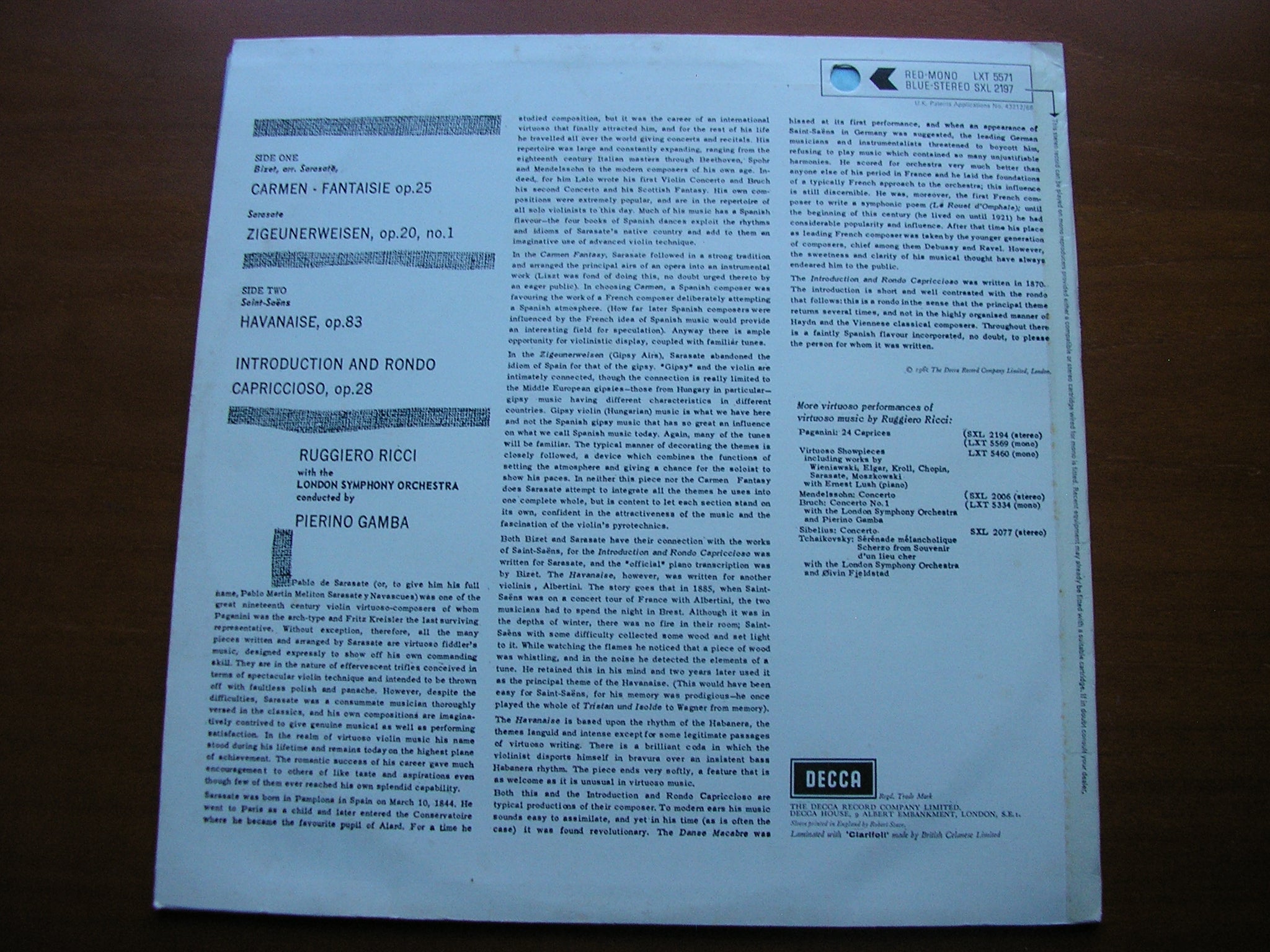 SXL 2197 BIZET-SARASATE: CARMEN FANTAISIE / SAINT-SAENS: HAVANAISE / INTRO & RONDO RICCI / LONDON SYMPHONY / GAMBA