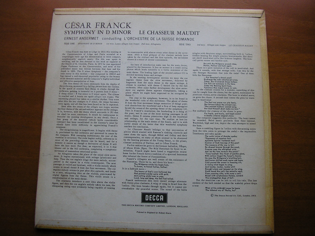 SXL 2291 FRANCK: SYMPHONY in D / LE CHASSEUR MAUDIT ANSERMET / SUISSE ROMANDE