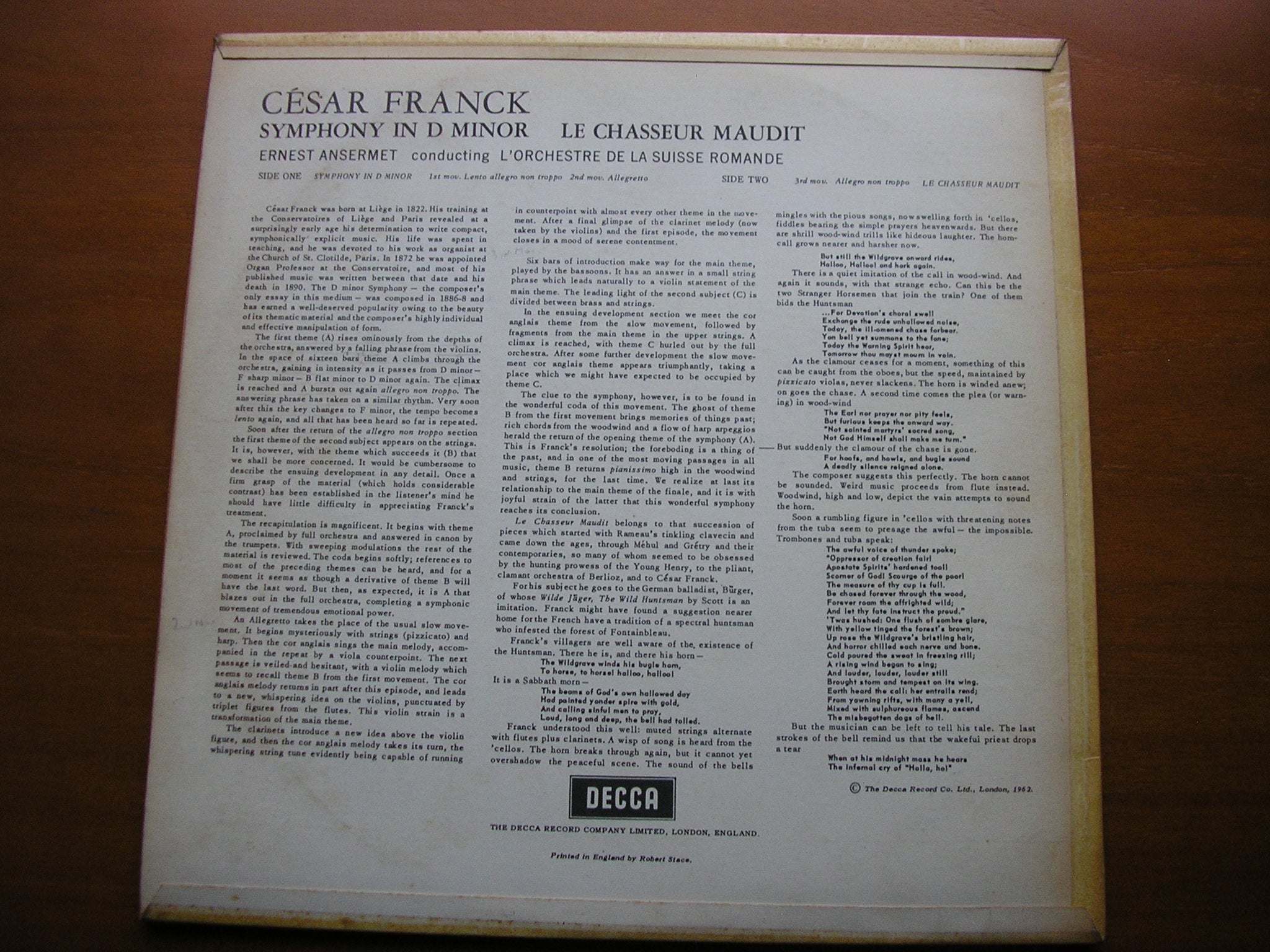 SXL 2291 FRANCK: SYMPHONY in D / LE CHASSEUR MAUDIT ANSERMET / SUISSE ROMANDE
