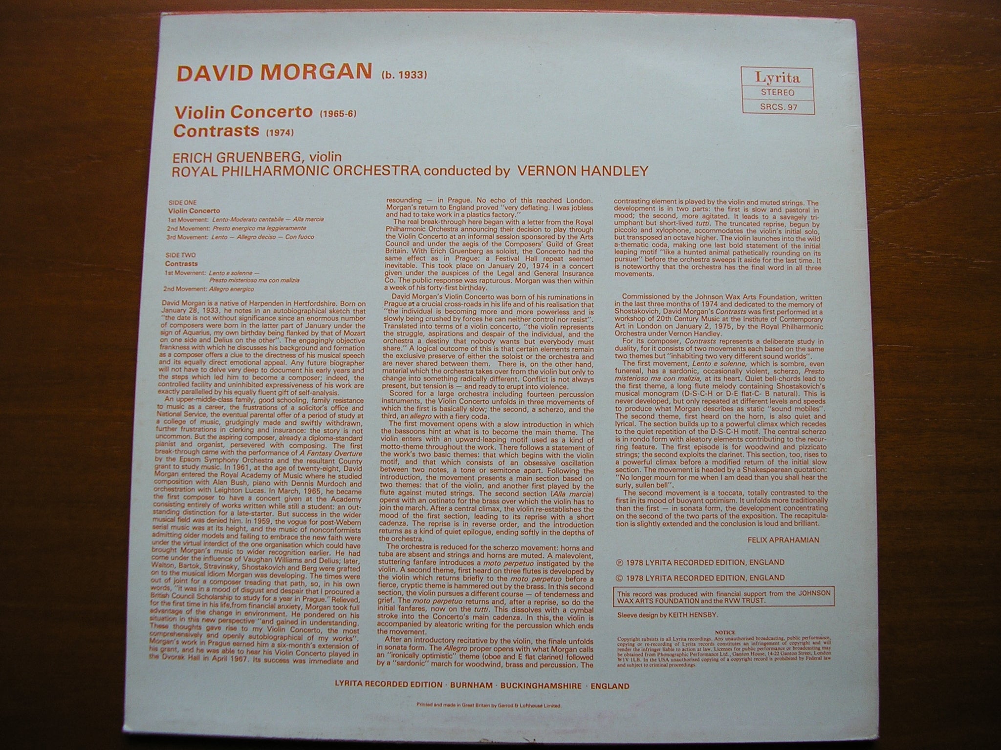 MORGAN: VIOLIN CONCERTO / CONTRASTS ERICH GRUENBERG / ROYAL PHILHARMONIC /  HANDLEY   SRCS 97