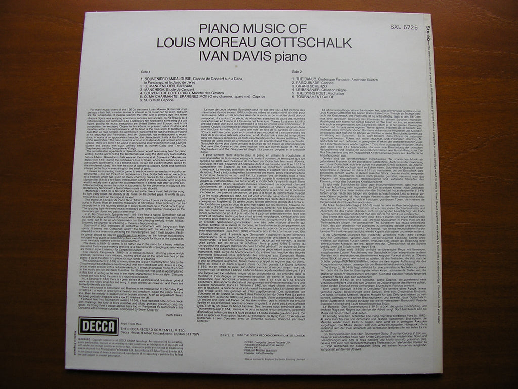 SXL 6725 GOTTSCHALK: PASQUINADE / TOURNAMENT GALOP / MANCHEGA / THE BANJO IVAN DAVIS
