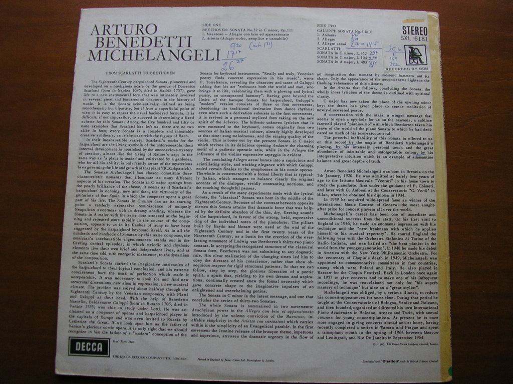 SXL 6181 BEETHOVEN: PIANO SONATA No. 32 / SCARLATTI & GALUPPI: PIANO SONATAS MICHELANGELI