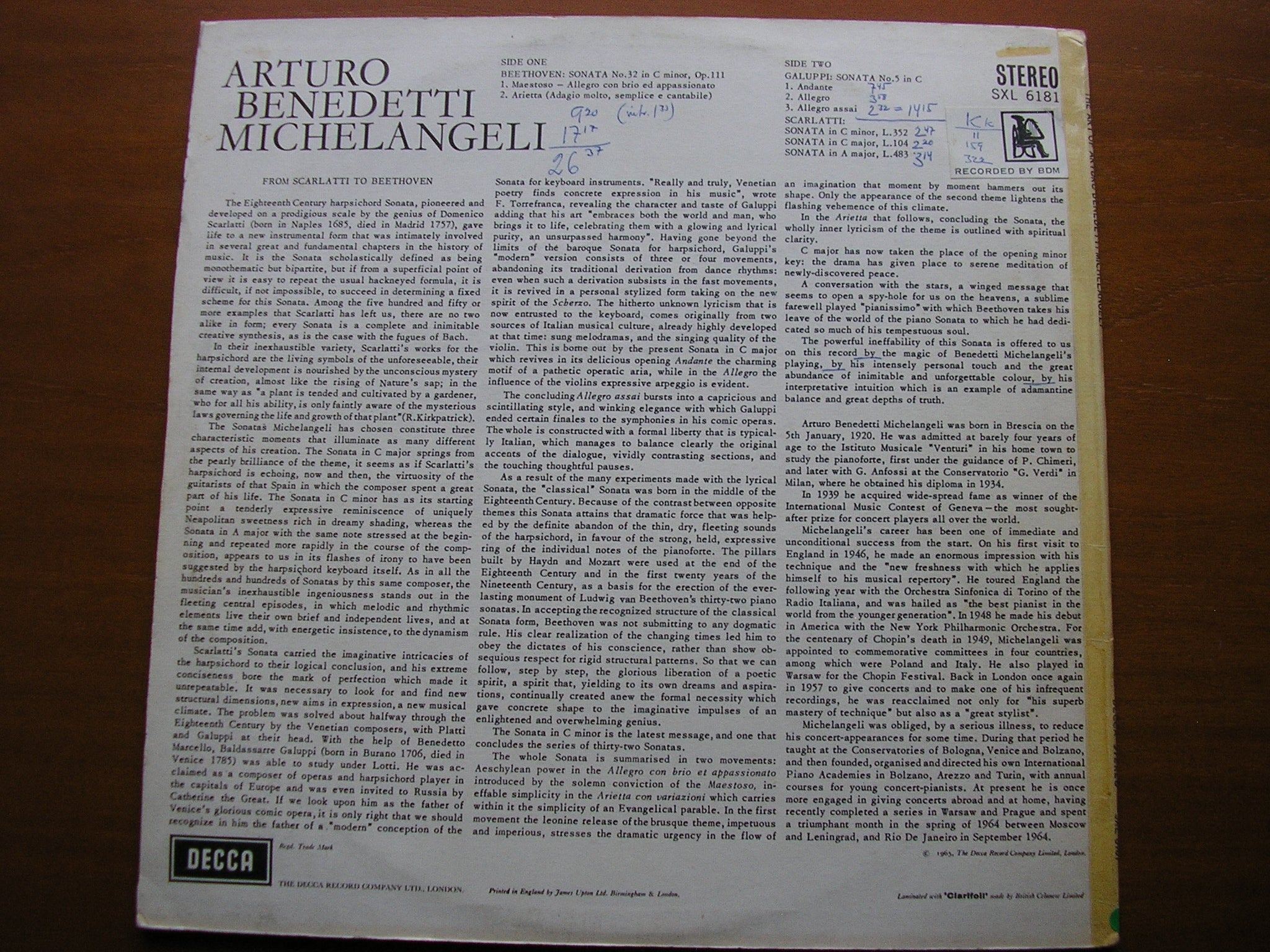 SXL 6181 BEETHOVEN: PIANO SONATA No. 32 / SCARLATTI & GALUPPI: PIANO SONATAS MICHELANGELI