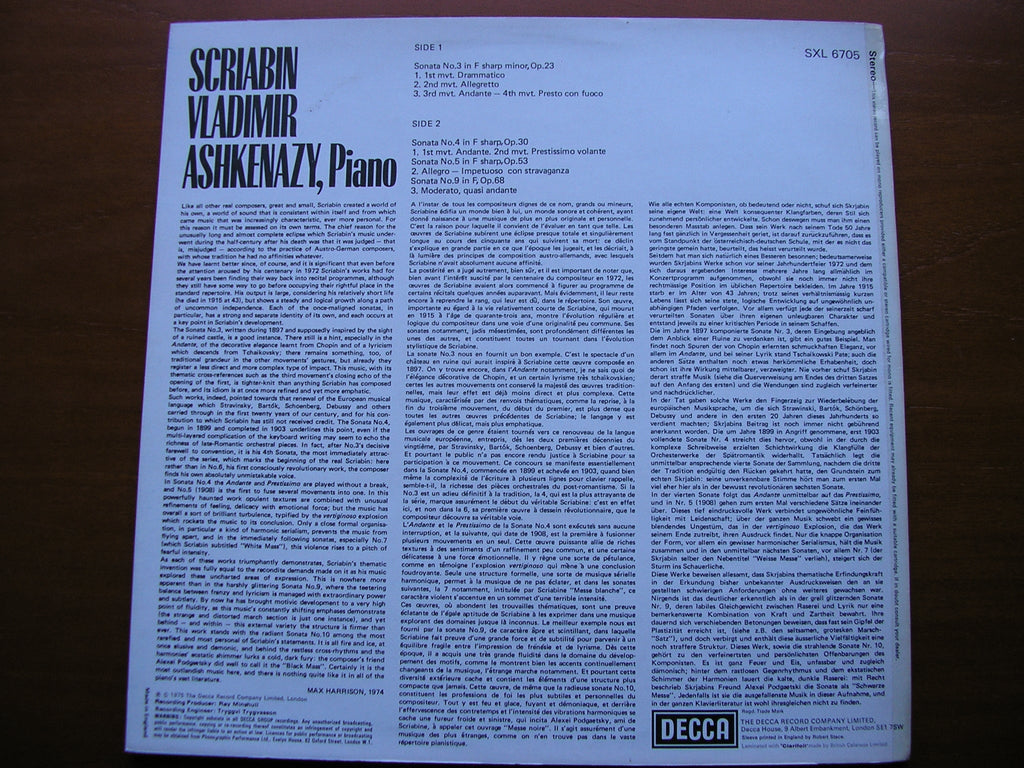 SXL 6705 SCRIABIN: PIANO SONATAS Nos. 3 / 4 / 5 / 9 ASHKENAZY