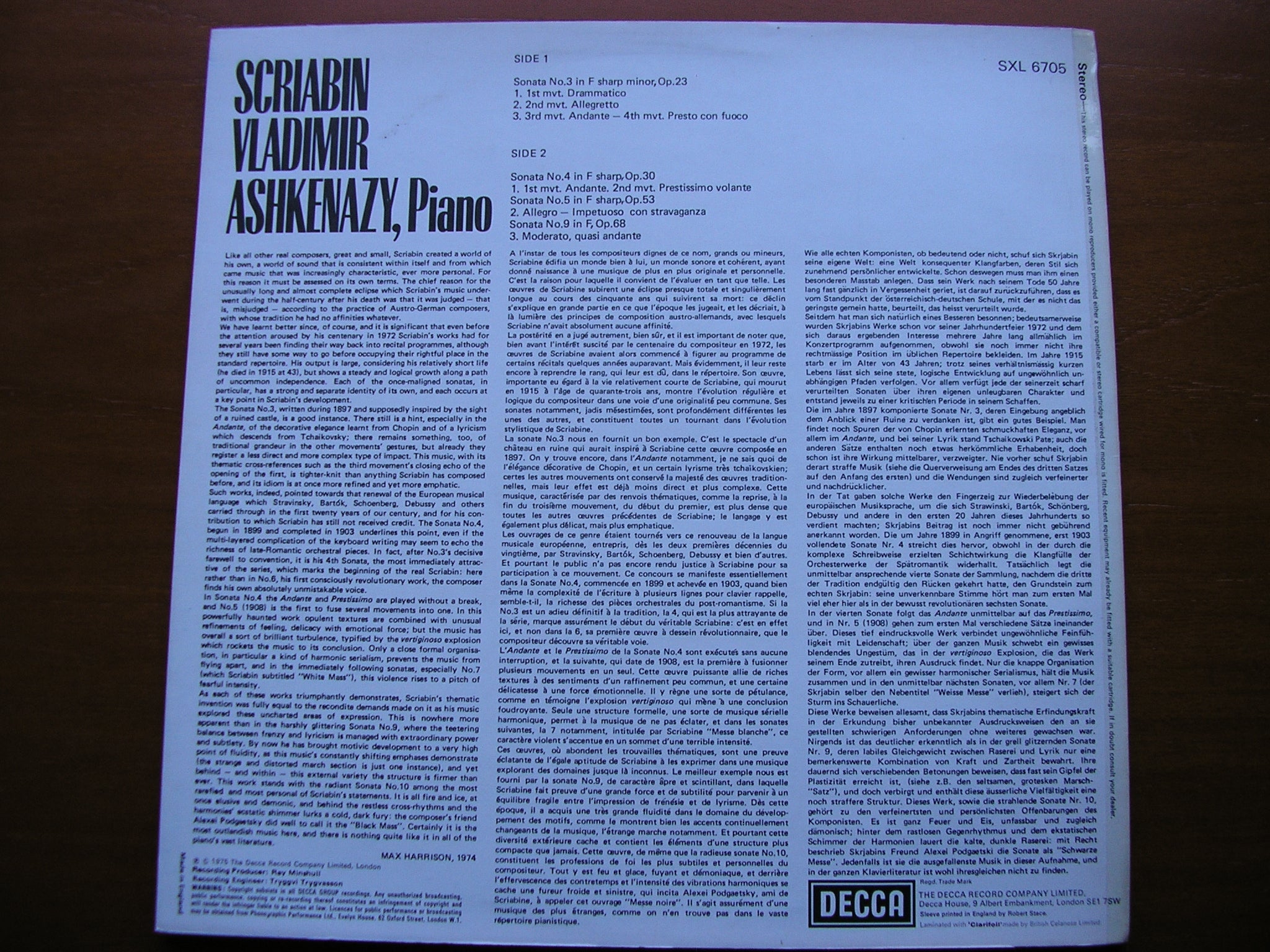 SXL 6705 SCRIABIN: PIANO SONATAS Nos. 3 / 4 / 5 / 9 ASHKENAZY