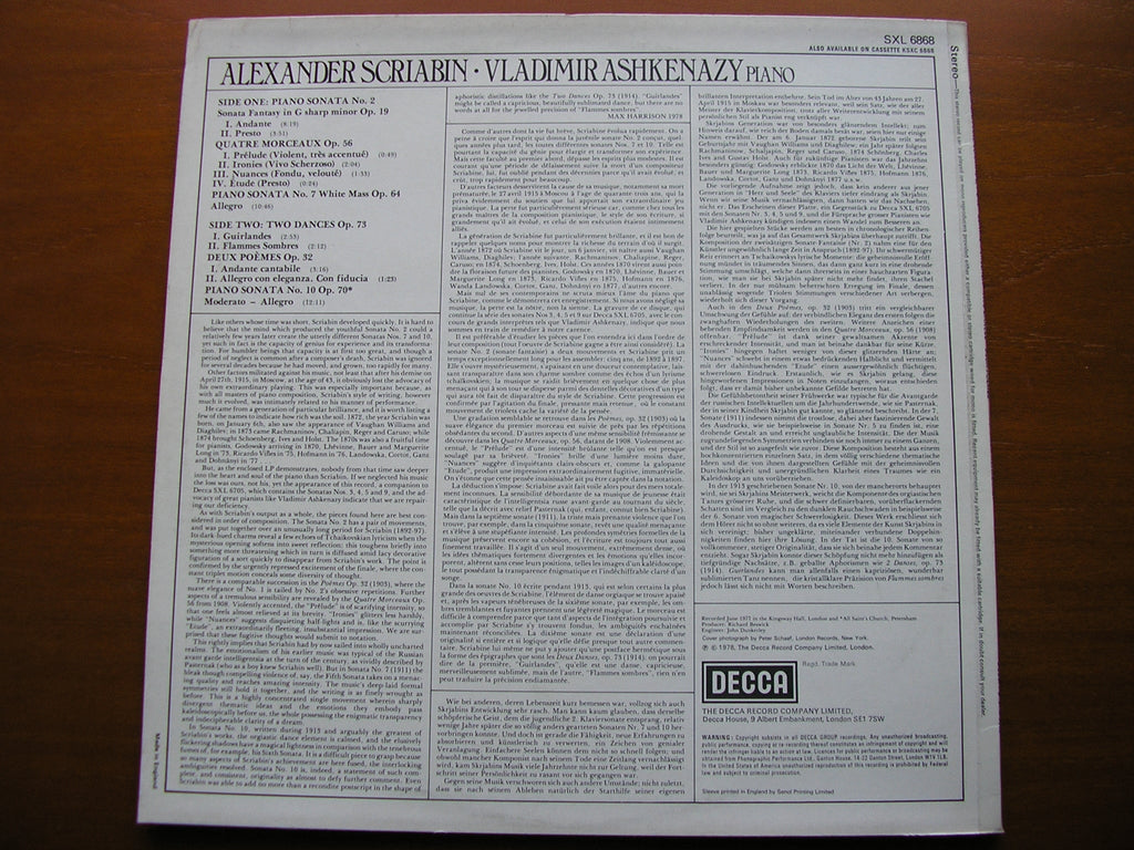 SXL 6868 SCRIABIN: PIANO SONATAS Nos. 2 / 7 /10 / QUATRE MORCEAUX / DEUX POEMES / TWO DANCES VLADIMIR ASHKENAZY