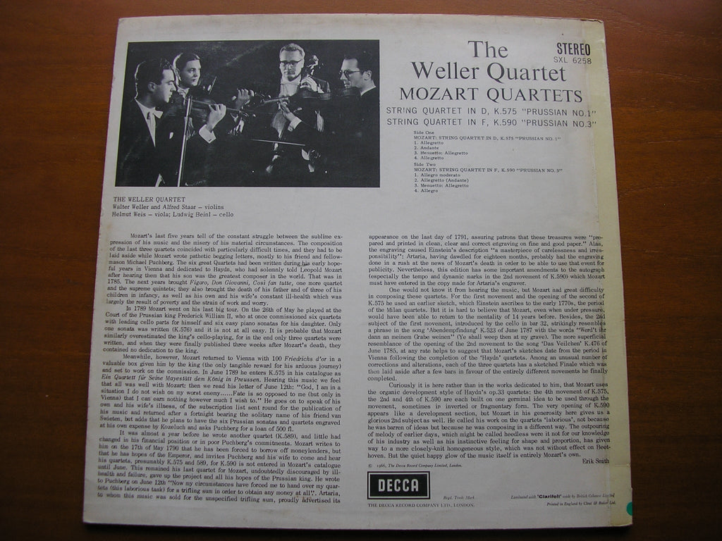 SXL 6258 MOZART: STRING QUARTETS K575 in D & K590 in F THE WELLER QUARTET