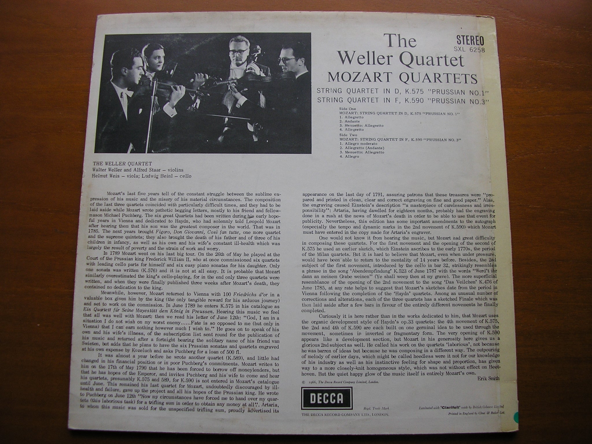 SXL 6258 MOZART: STRING QUARTETS K575 in D & K590 in F THE WELLER QUARTET