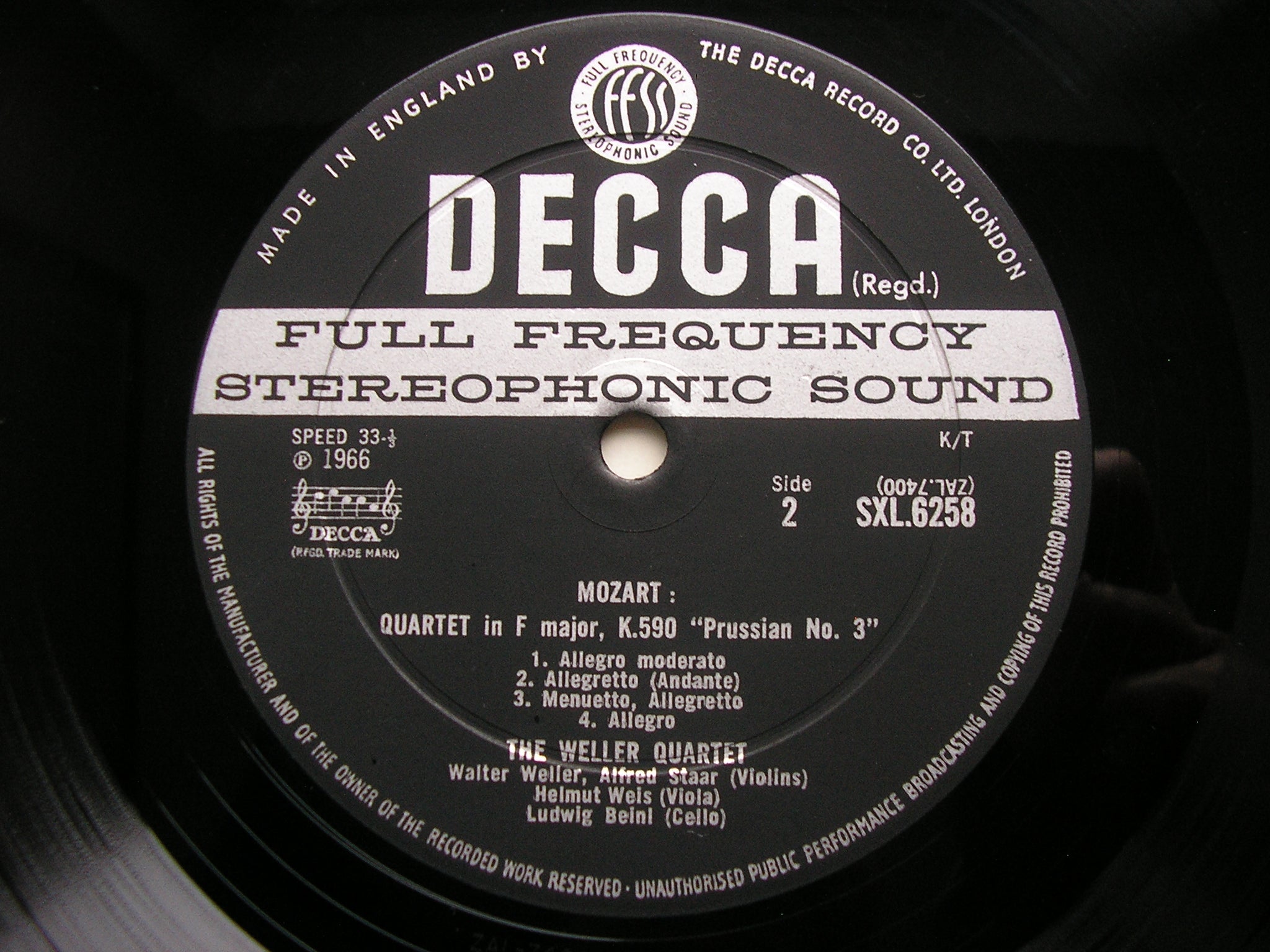SXL 6258 MOZART: STRING QUARTETS K575 in D & K590 in F THE WELLER QUARTET