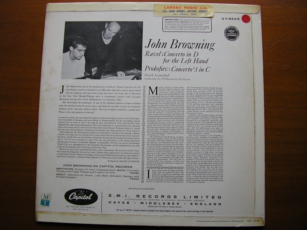 RAVEL: CONCERTO FOR THE LEFT HAND / PROKOFIEV: CONCERTO No. 3     BROWNING / PHILHARMONIA / LEINSDORF   SP 8545