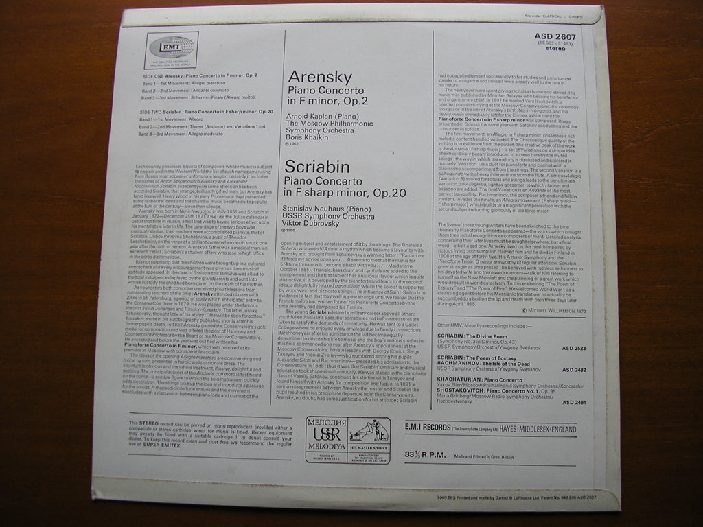 ARENSKY: PIANO CONCERTO / SCRIABIN: PIANO CONCERTO    KAPLAN / NEUHAUS / USSRSO / KHAIKIN / DUBROVSKY    ASD 2607