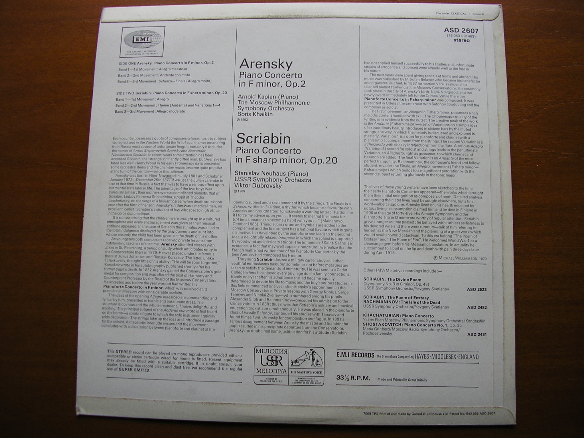 ARENSKY: PIANO CONCERTO / SCRIABIN: PIANO CONCERTO    KAPLAN / NEUHAUS / USSRSO / KHAIKIN / DUBROVSKY    ASD 2607