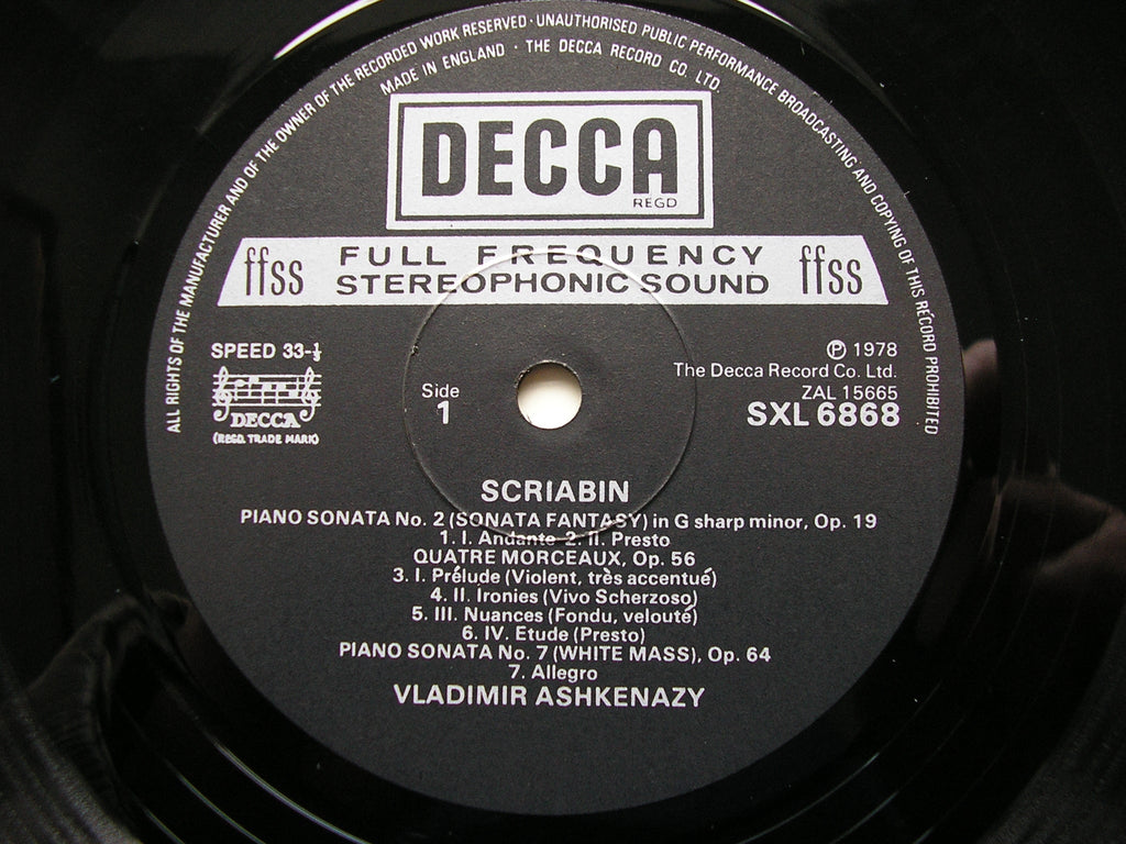 SXL 6868 SCRIABIN: PIANO SONATAS Nos. 2 / 7 /10 / QUATRE MORCEAUX / DEUX POEMES / TWO DANCES VLADIMIR ASHKENAZY