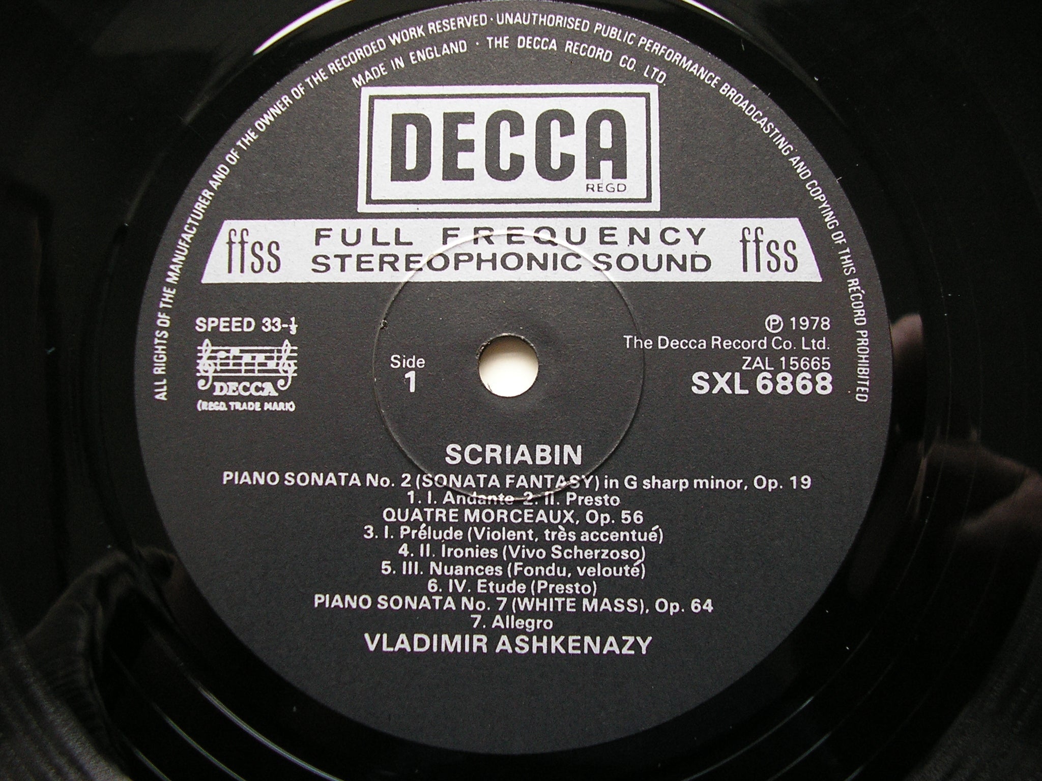 SXL 6868 SCRIABIN: PIANO SONATAS Nos. 2 / 7 /10 / QUATRE MORCEAUX / DEUX POEMES / TWO DANCES VLADIMIR ASHKENAZY