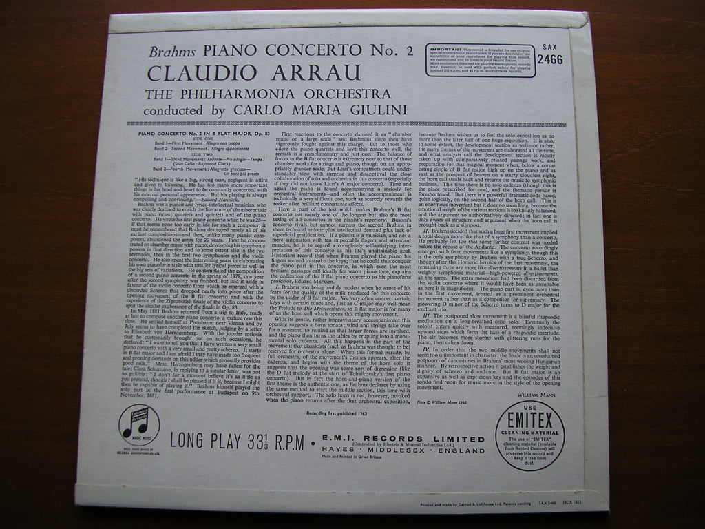 SAX 2466  BRAHMS: PIANO CONCERTO No. 2    ARRAU / PHILHARMONIA / GIULINI