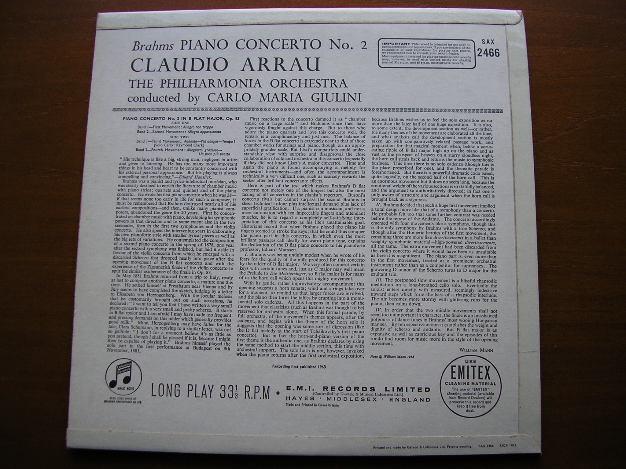 SAX 2466  BRAHMS: PIANO CONCERTO No. 2    ARRAU / PHILHARMONIA / GIULINI