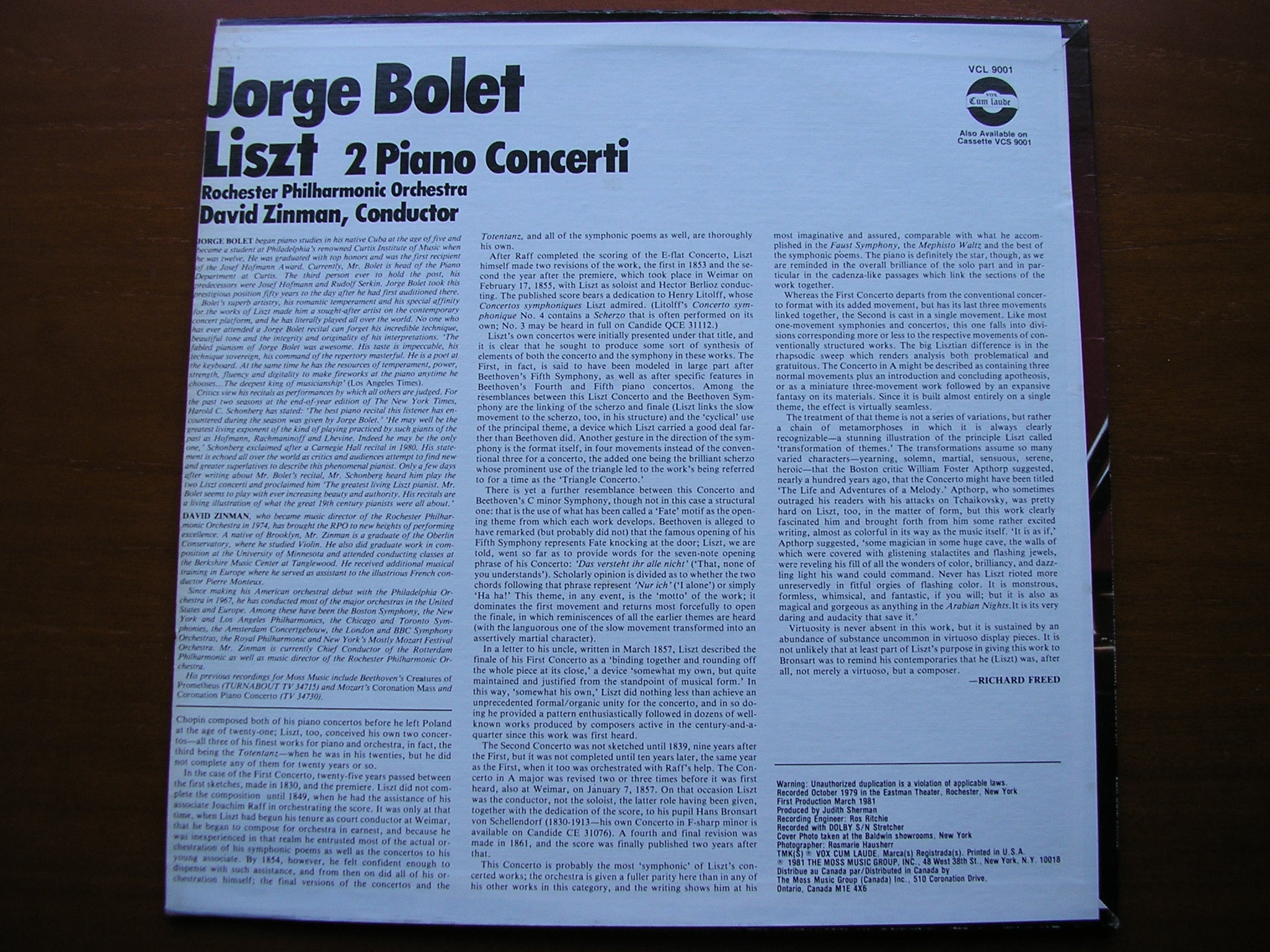LISZT: THE TWO PIANO CONCERTOS   BOLET / ROCHESTER PHILHARMONIC / ZINMAN  VCL 9001