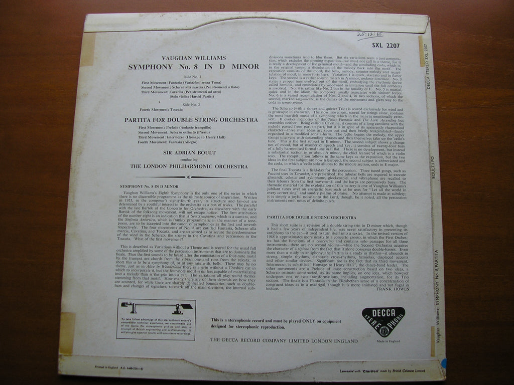 SXL 2207 VAUGHAN WILLIAMS: SYMPHONY No. 8 / PARTITA FOR DOUBLE STRING ORCHESTRA BOULT / LONDON PHILHARMONIC