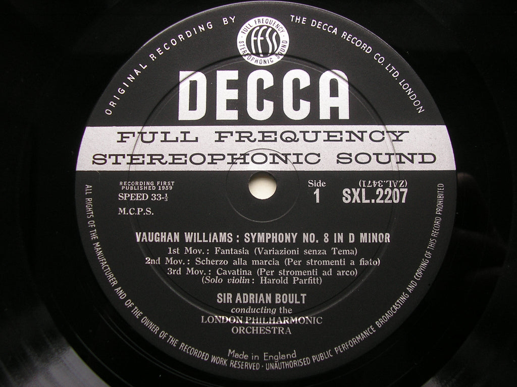 SXL 2207 VAUGHAN WILLIAMS: SYMPHONY No. 8 / PARTITA FOR DOUBLE STRING ORCHESTRA BOULT / LONDON PHILHARMONIC