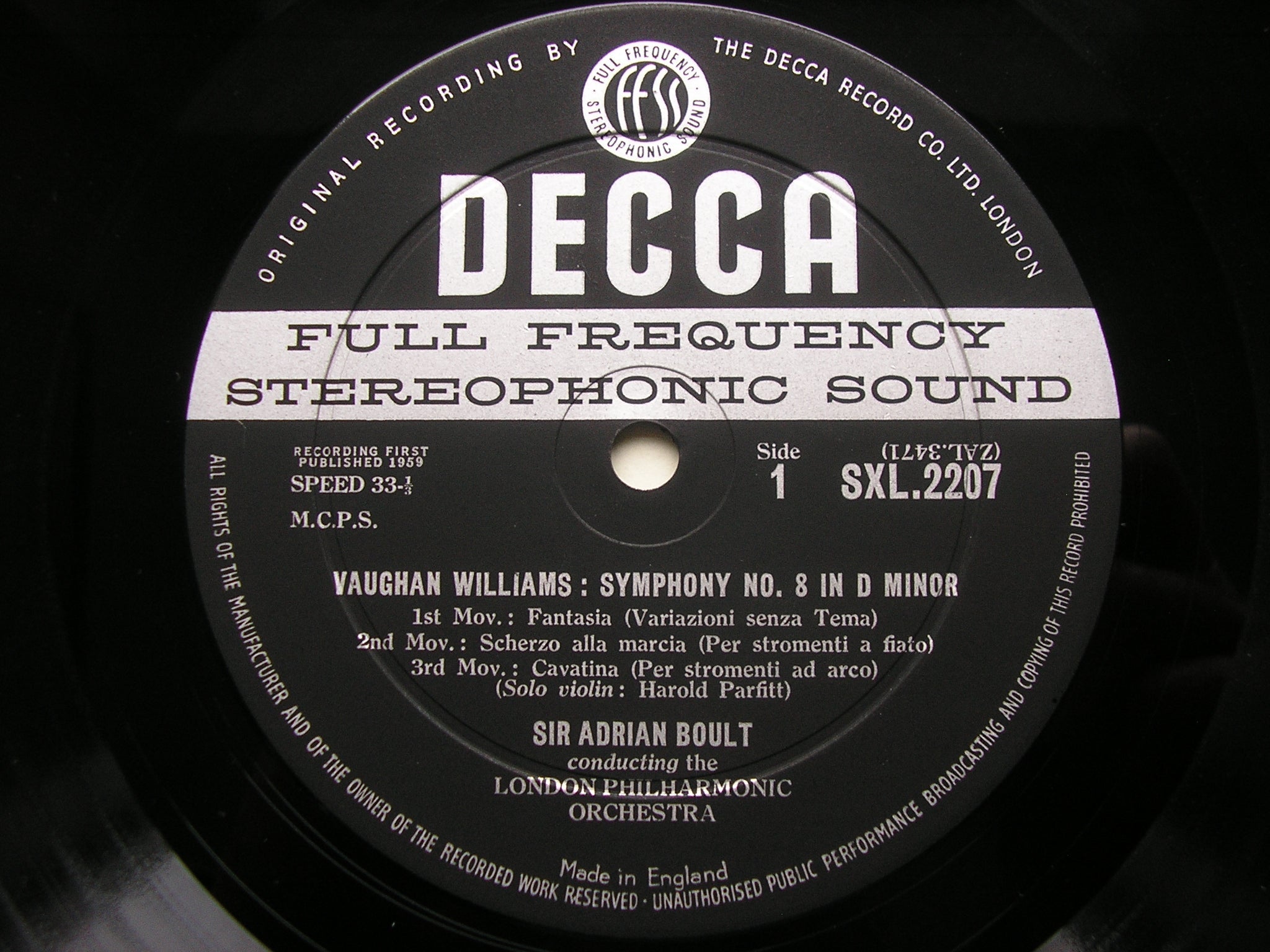 SXL 2207 VAUGHAN WILLIAMS: SYMPHONY No. 8 / PARTITA FOR DOUBLE STRING ORCHESTRA BOULT / LONDON PHILHARMONIC