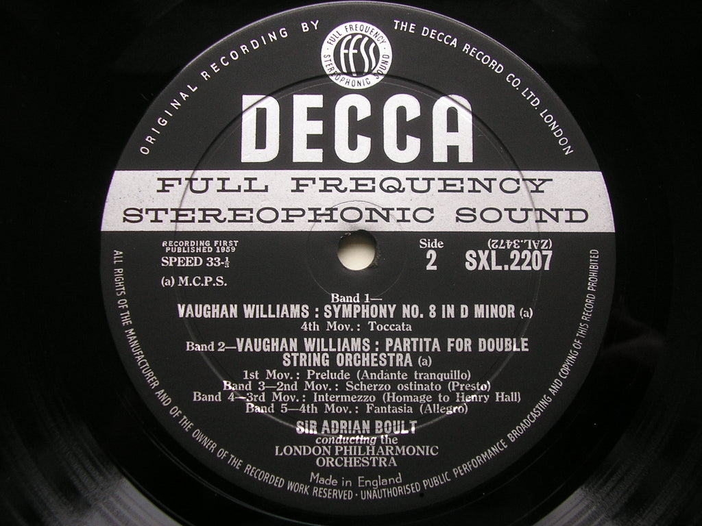 SXL 2207 VAUGHAN WILLIAMS: SYMPHONY No. 8 / PARTITA FOR DOUBLE STRING ORCHESTRA BOULT / LONDON PHILHARMONIC