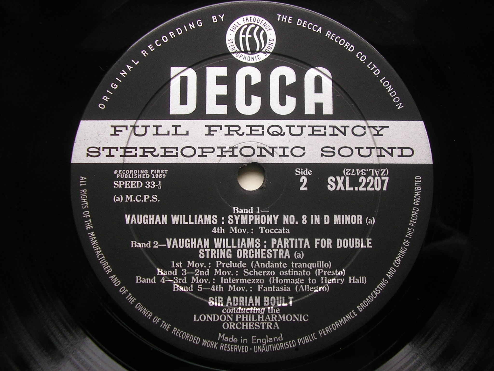 SXL 2207 VAUGHAN WILLIAMS: SYMPHONY No. 8 / PARTITA FOR DOUBLE STRING ORCHESTRA BOULT / LONDON PHILHARMONIC