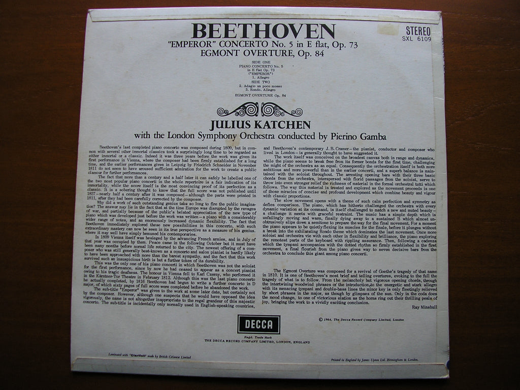 SXL 6109 BEETHOVEN: PIANO CONCERTO No. 5 'Emperor' KATCHEN / LONDON SYMPHONY / GAMBA