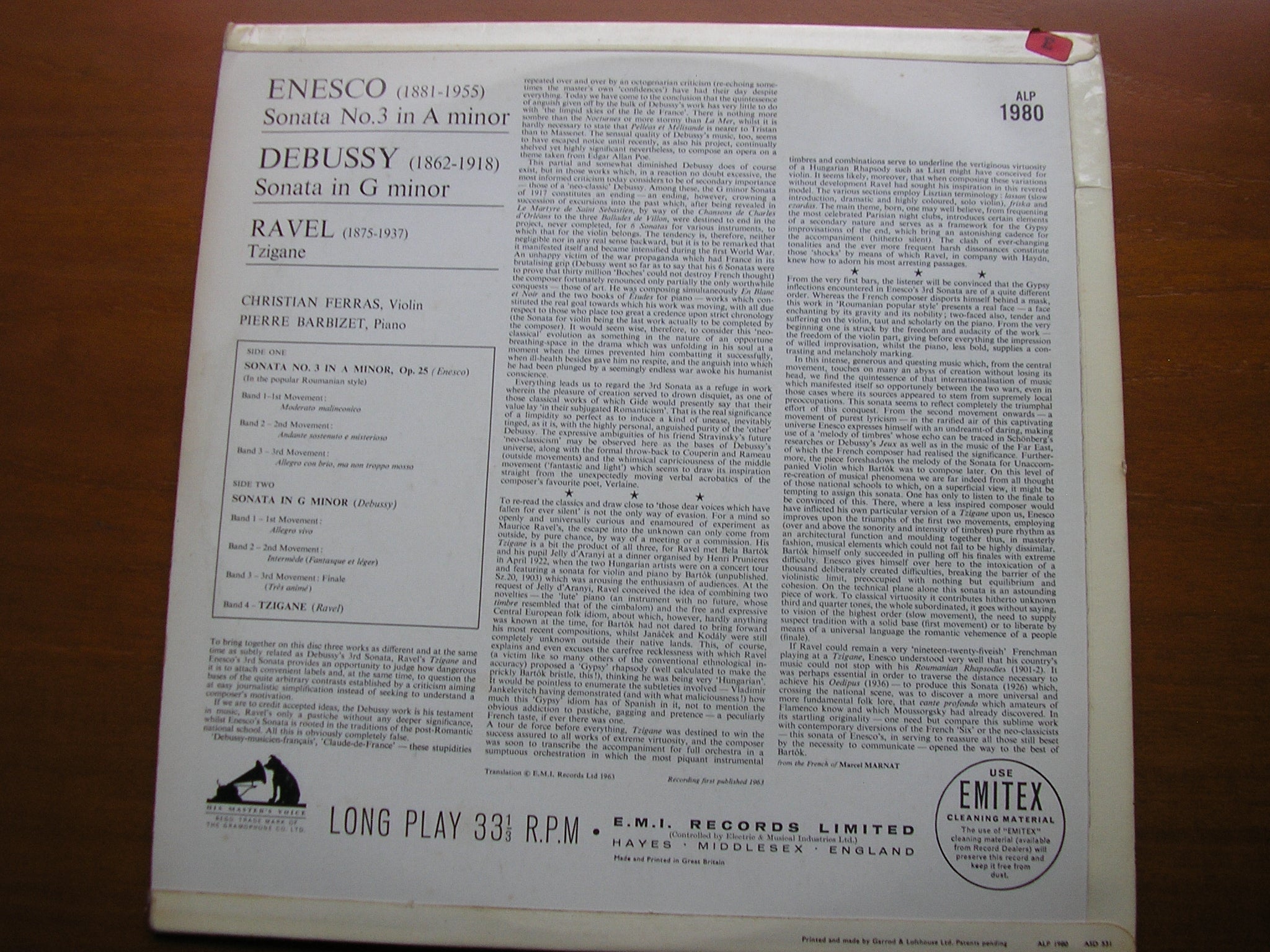 DEBUSSY: SONATA in G / ENESCO: SONATA in A / RAVEL: TZIGANE     FERRAS / BARBIZET     ALP 1980