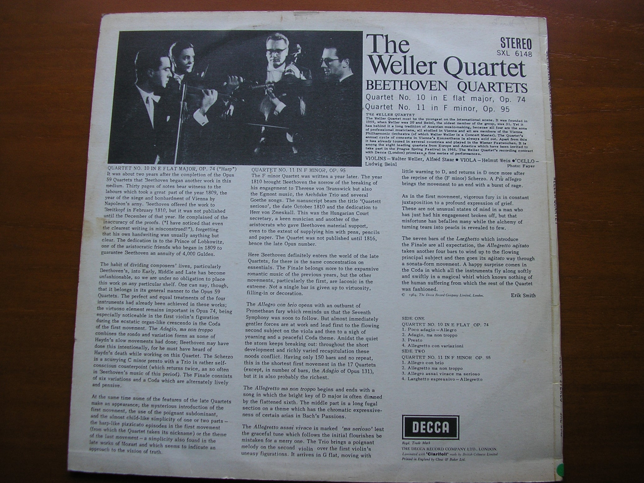 SXL 6148 BEETHOVEN: STRING QUARTETS Nos. 10 in E & 11 in F THE WELLER QUARTET