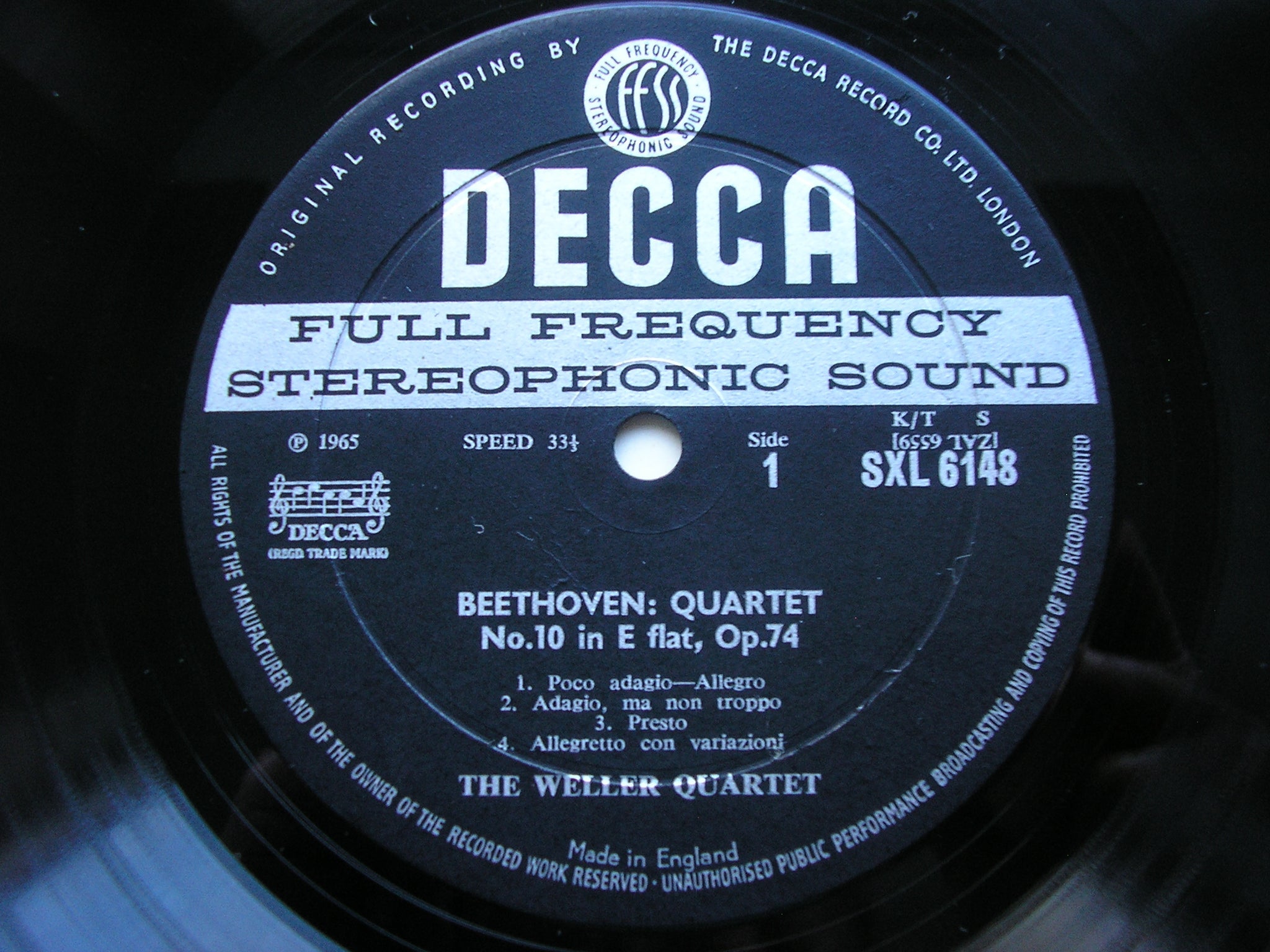 SXL 6148 BEETHOVEN: STRING QUARTETS Nos. 10 in E & 11 in F THE WELLER QUARTET
