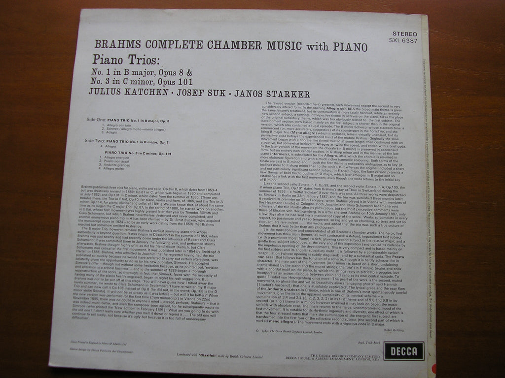 SXL 6387 BRAHMS: PIANO TRIOS Nos. 1 & 3 JULIUS KATCHEN / JANOS STARKER / JOSEF SUK