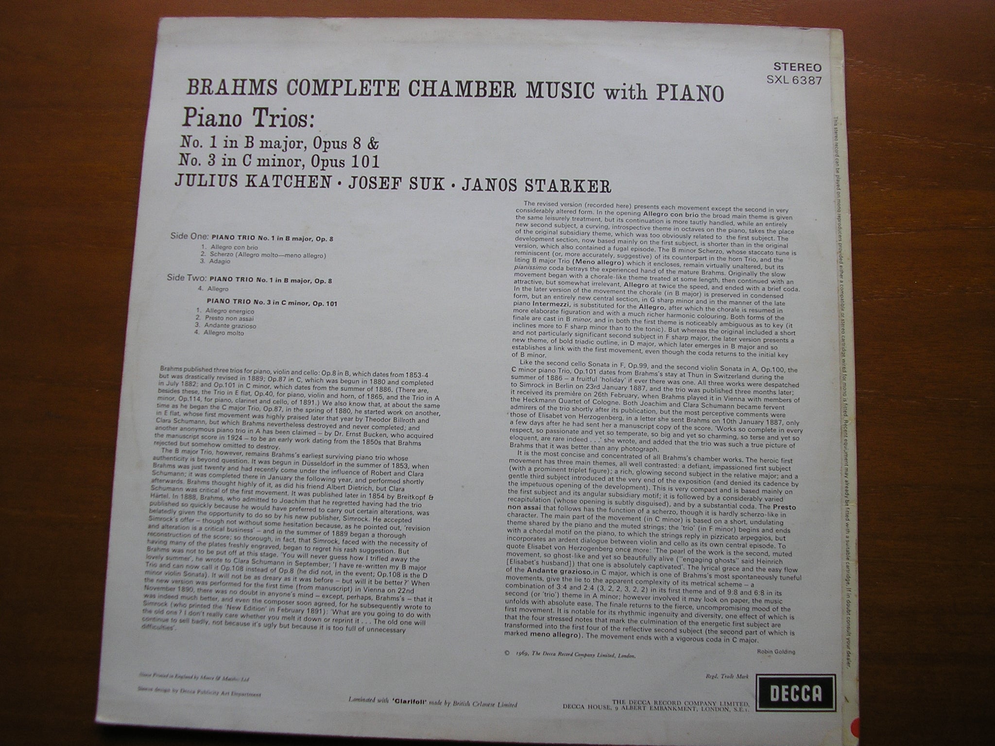 SXL 6387 BRAHMS: PIANO TRIOS Nos. 1 & 3 JULIUS KATCHEN / JANOS STARKER / JOSEF SUK