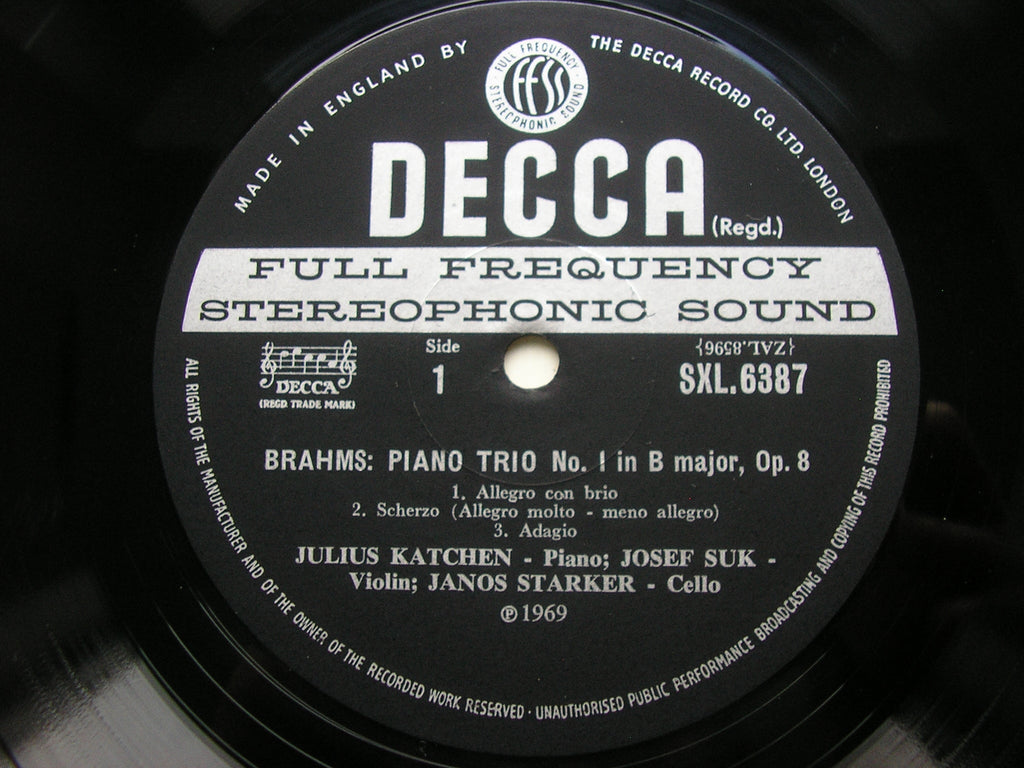 SXL 6387 BRAHMS: PIANO TRIOS Nos. 1 & 3 JULIUS KATCHEN / JANOS STARKER / JOSEF SUK