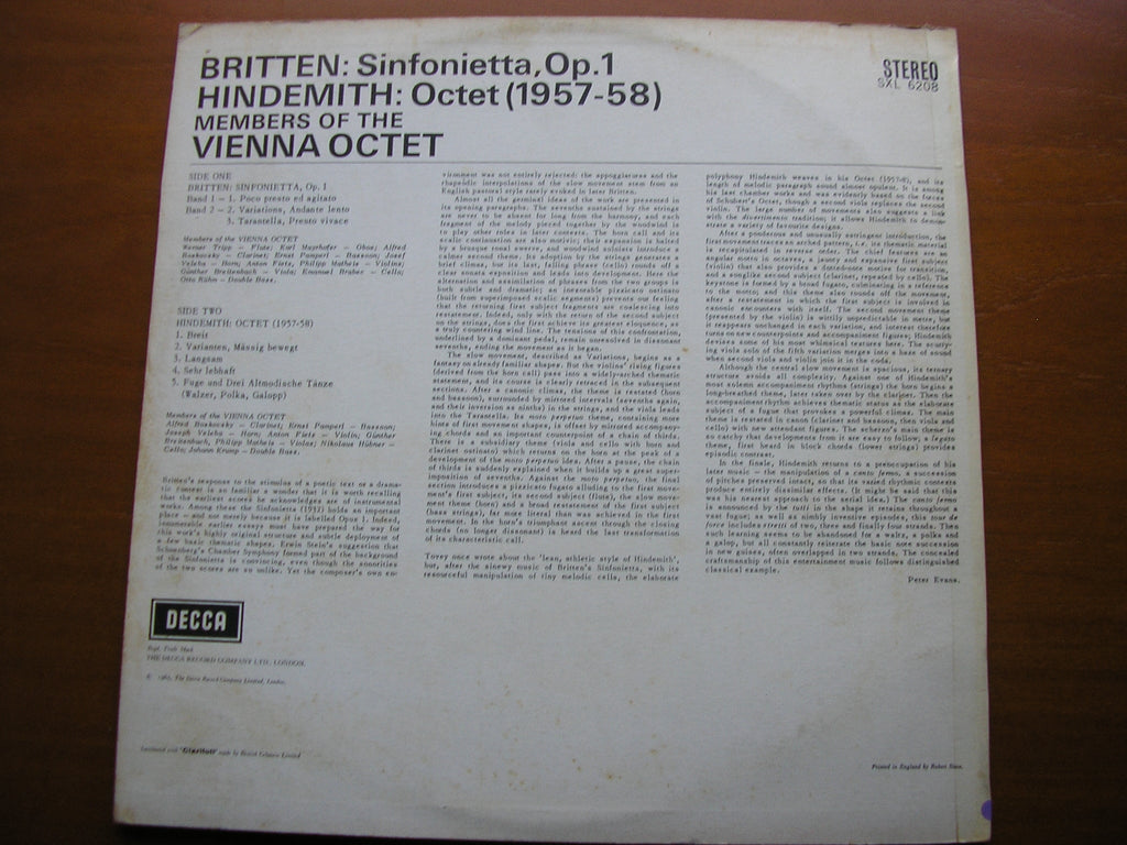 SXL 6208 BRITTEN: SINFONIETTA Op. 1 / HINDEMITH: OCTET THE VIENNA OCTET