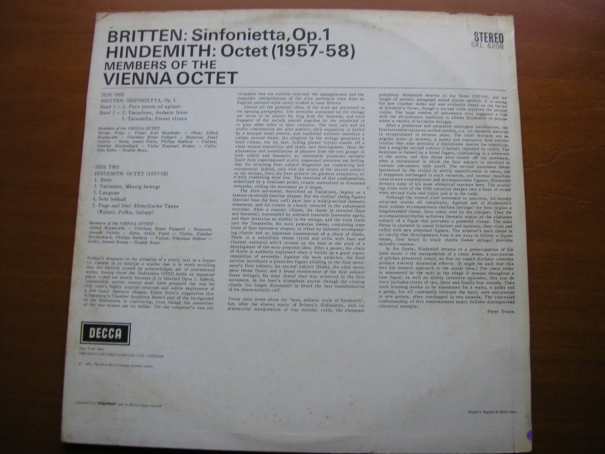 SXL 6208 BRITTEN: SINFONIETTA Op. 1 / HINDEMITH: OCTET THE VIENNA OCTET