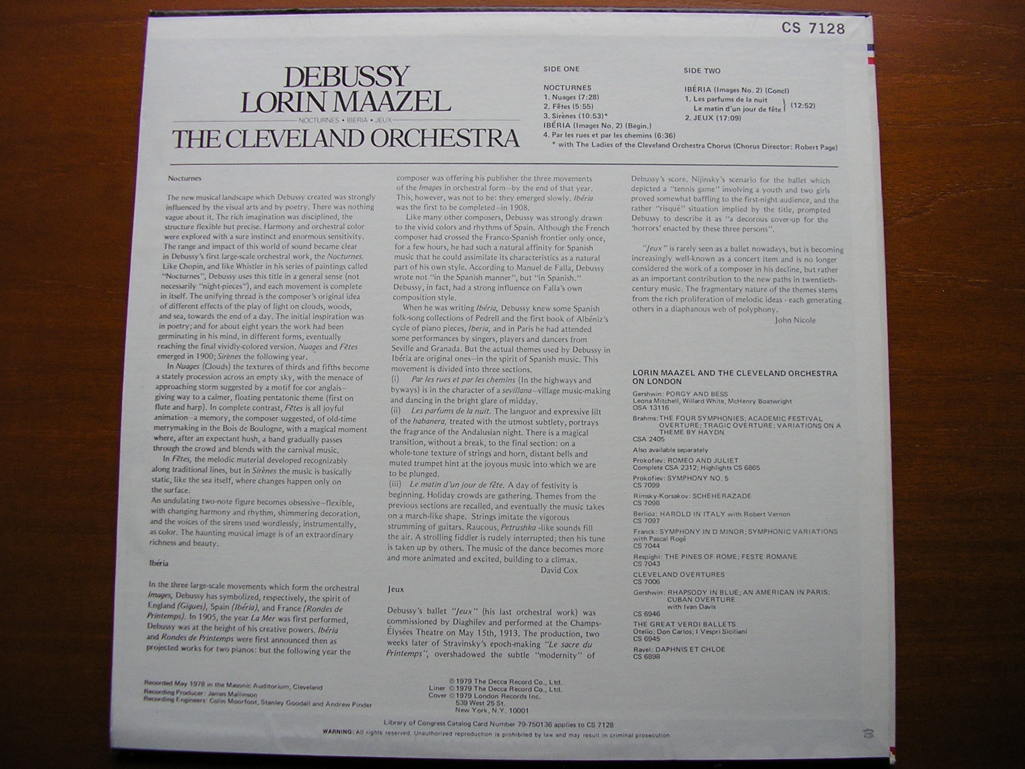 DEBUSSY: NOCTURNES / IBERIA / JEUX    LORIN MAAZEL / CLEVELAND ORCHESTRA    CS 7128