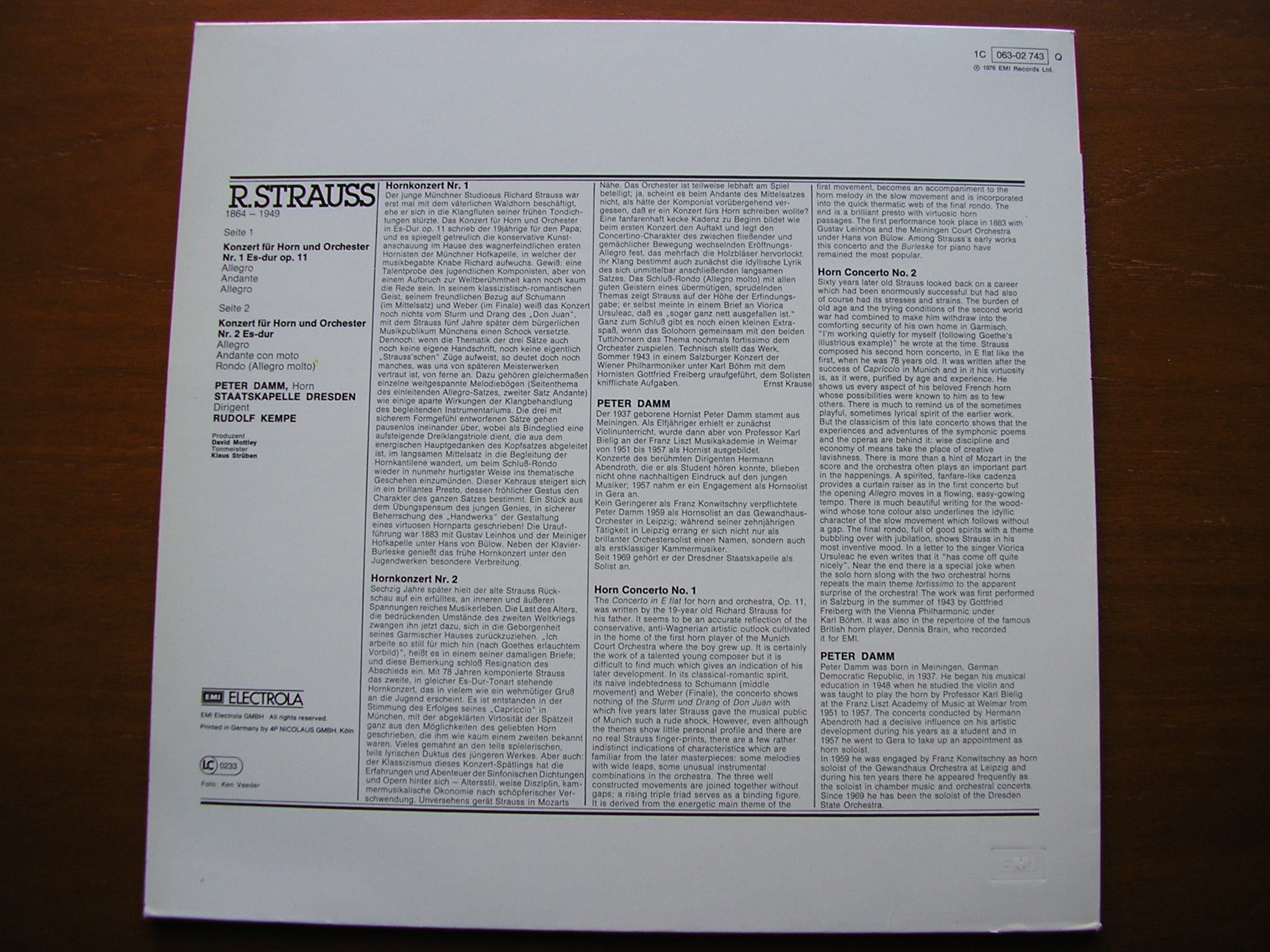 STRAUSS: HORN CONCERTOS   PETER DAMM / STAATSKAPELLE DRESDEN / KEMPE    063 02 743
