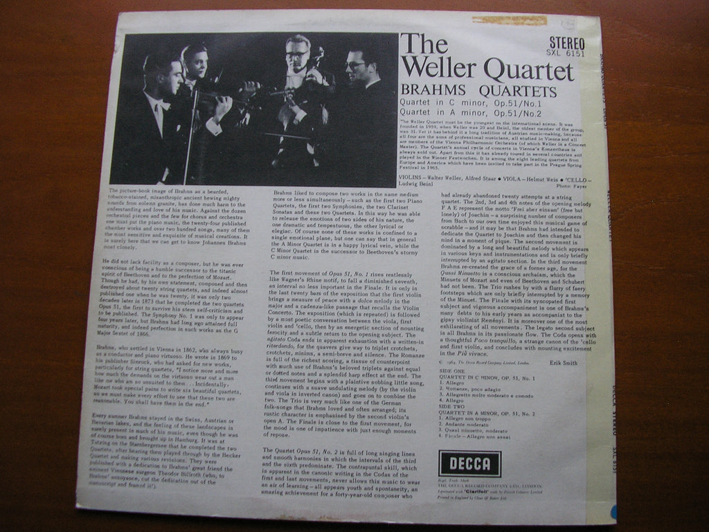 SXL 6151 BRAHMS: STRING QUARTETS Nos. 1 & 2 Op. 51 THE WELLER QUARTET