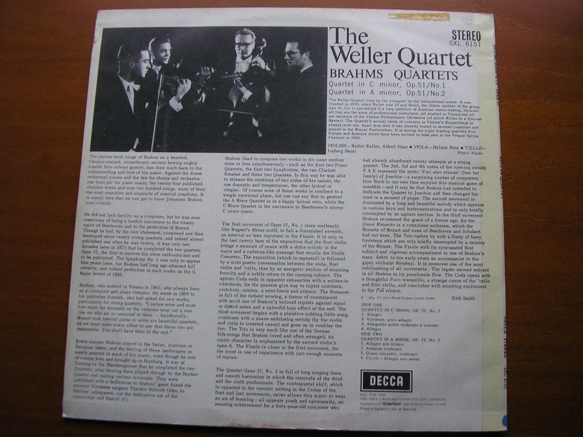 SXL 6151 BRAHMS: STRING QUARTETS Nos. 1 & 2 Op. 51 THE WELLER QUARTET
