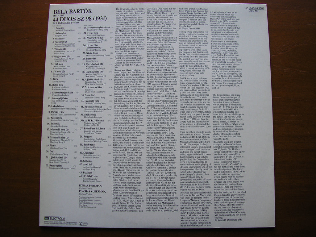 BARTOK: 44 DUOS FOR TWO VIOLINS ITZHAK PERLMAN / PINCHAS ZUKERMAN ASD 4011