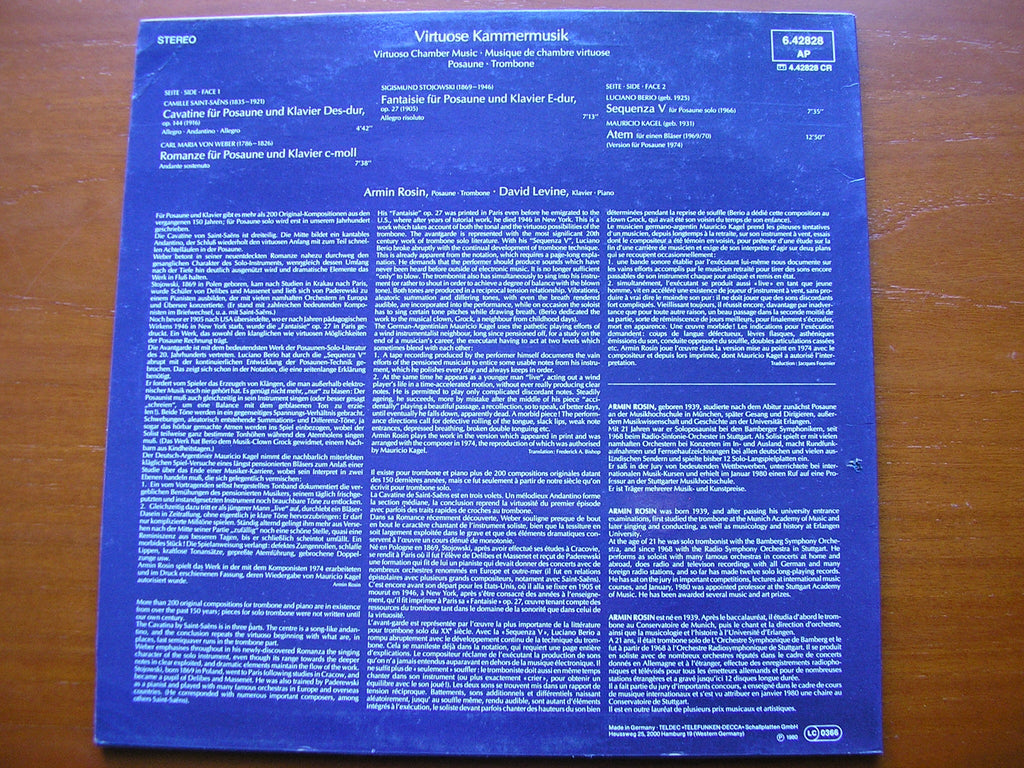 VIRTUOSO CHAMBER MUSIC FOR TROMBONE: SAINT-SAENS / WEBER / BERIO / KAGEL     ROSIN / LEVINE   6.42828